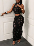 FHSEER Plus Size 2PCS Women's Sexy Set See Through Mesh Hollow Out Crop Tank & High Waist Bodycon Mini Skirt Stretechy Clubwear