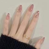 24Pcs Short Oval Head Blush Pink Press on Nails with Simple Designs Almond Nails Wearable Acrylic Full Cover Nail Tips with Glue