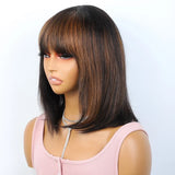 Ombre #4/27 Straight Bob Wig with Bangs | Human Hair Lace Top & Realistic Scalp