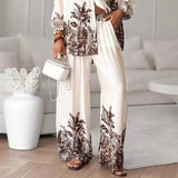 Elegant Women Loose Two Piece Set Chic Floral Print Long Sleeve Shirt Wide Leg Pants Set Bohemian Outfits Loungewear Pajamas Set