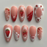 24PCS Wine Red Almond Press on Nails Cartoon Rabbit Bowknot with Plaid Pearl Designs French Fake Nails for Girls Detachable Nail