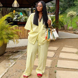 New African Fashion Women Two Piece Set Yellow Striped Printed Loose Shirt Top and Wide Leg Pants Set Outfits
