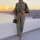 Women Two Piece Set Autumn Office Fashion Solid Lapel V Neck Long Lantern Sleeve Shirt Top Loose Pants Sets Streetwear