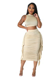 Two Piece Mock Neck Crop Top Ruched Fringed Skirt Set