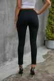 Women's Black Plain High Waist Buttons Frayed Cropped Denim Jeans