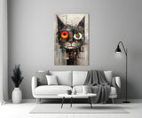Quirky Mismatched Eye Cat Glass Wall Art