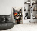 Quirky Mismatched Eye Cat Glass Wall Art