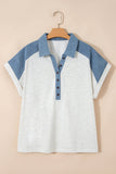 Beige Plus Size Contrast Denim Patchwork Cuffed Sleeve Polo Tee