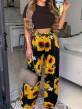 Essnce Women'S Summer Solid Color round Neck Short Sleeve T-Shirt and Flower Printed Wide Leg Pants Casual Two-Piece Set