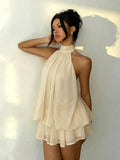 Women's Chiffon Halter Mini Dress – High-Waist Open-Back A-Line Dress