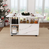White Folding Kitchen Island with Storage Shelves and Wheels