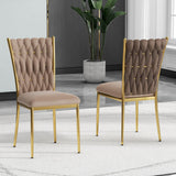 Modern Simple Velvet Dining Chair, Brown, Gold Metal Legs, Set of 2