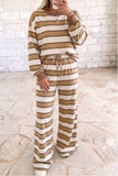 Khaki Stripe Contrast Trim Patchwork Casual Two-Piece Pants Set