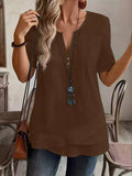 Notched Short Sleeve Blouse