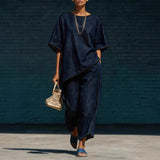 Women's Denim-Style Knit Top & Wide-Leg Pants Set – Casual 2-Piece