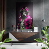 Magenta Hoodie Gorilla With Headphones Brushed Aluminum Dibond Wall Art