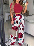 Essnce Women'S Summer Solid Color round Neck Short Sleeve T-Shirt and Flower Printed Wide Leg Pants Casual Two-Piece Set
