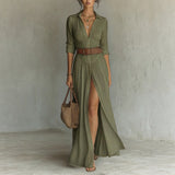 Women's High Waist A-Line Maxi Shirt Dress – 3/4 Sleeve