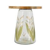 16x17.5" Glass Side Table with Wood Top and Hand-Painted Base