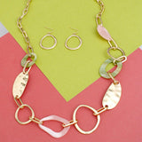 AKA Pink & Green Long Gold Link Chain Necklace & Earring Set