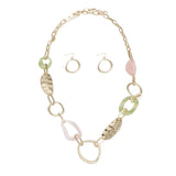 AKA Pink & Green Long Gold Link Chain Necklace & Earring Set