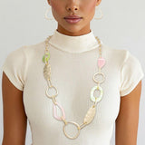 AKA Pink & Green Long Gold Link Chain Necklace & Earring Set