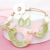 AKA Pink & Green Organic Teardrop Leather Cord Collar Necklace & Earring Set