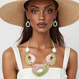 AKA Pink & Green Organic Teardrop Leather Cord Collar Necklace & Earring Set