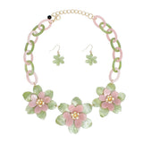 AKA Pink & Green 3D Flower Marbled Link Collar Necklace & Earring Set