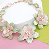 AKA Pink & Green 3D Flower Marbled Link Collar Necklace & Earring Set