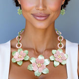 AKA Pink & Green 3D Flower Marbled Link Collar Necklace & Earring Set