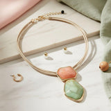 AKA Pink & Green Marbled Resin Pendant Leather Cord Necklace & Earring Set
