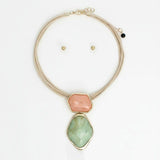 AKA Pink & Green Marbled Resin Pendant Leather Cord Necklace & Earring Set