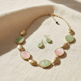 AKA Pink & Green Long Gold Linked Disc Necklace & Earring Set