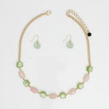 AKA Pink & Green Marbled Bead Linked Gold Chain Necklace & Earring Set