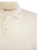 Brunello Cucinelli Men Cotton Rib Knit Polo Shirt With Long Raglan Sleeve