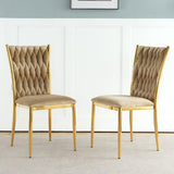 Modern Simple Velvet Dining Chair, Brown, Gold Metal Legs, Set of 2