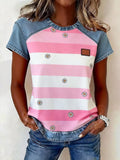 Denim Patchwork Short Sleeve Blouse