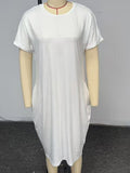 Solid-Colour Crew Neck Midi Dress with Pockets
