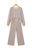 Khaki Stripe Contrast Trim Long Sleeve Top Elastic Waist Pants Set