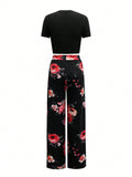 Essnce Women'S Summer Solid Color round Neck Short Sleeve T-Shirt and Flower Printed Wide Leg Pants Casual Two-Piece Set