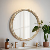Round Decorative Wall Mirror, 35.43 Inches, Distressed Wood Beaded Frame, Natural Wood