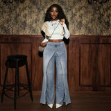 European And American Style Women's Jeans, Washed High-Waisted Double-Layer Split Straight-Leg Pants, Cross-Border Trendy Slim-Fit Floor-Length Denim Trousers