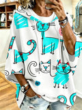 Cartoon Cat Print Hoodie with 3/4 Sleeves & Drawstring
