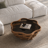 Cloud Shaped Coffee Table with Tempered Glass Top, Walnut Brown
