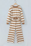 Khaki Stripe Contrast Trim Patchwork Casual Two-Piece Pants Set