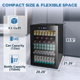 Beverage Refrigerator Cooler 4.5 Cu.Ft,145 Can Mini Fridge with Glass Door W58128BH