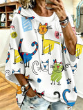 Cartoon Cat Print Hoodie with 3/4 Sleeves & Drawstring
