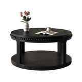 31.5-Inch Round Solid Wood Coffee Table, Two-Tier Open Storage, Black