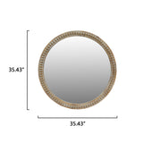 Round Decorative Wall Mirror, 35.43 Inches, Distressed Wood Beaded Frame, Natural Wood